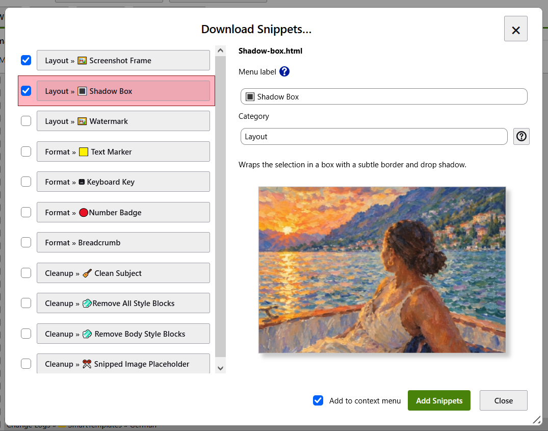 SmartTemplates snippets library with the available snippets, description and preview, menu label and category fields, and download controls