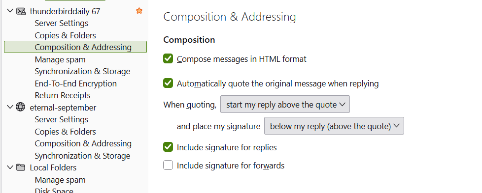 Account settings for signature