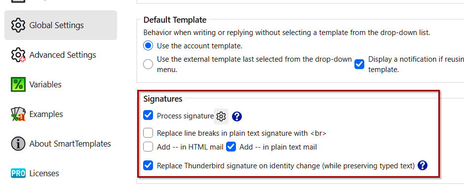 Signature options in SmartTemplates Global Settings